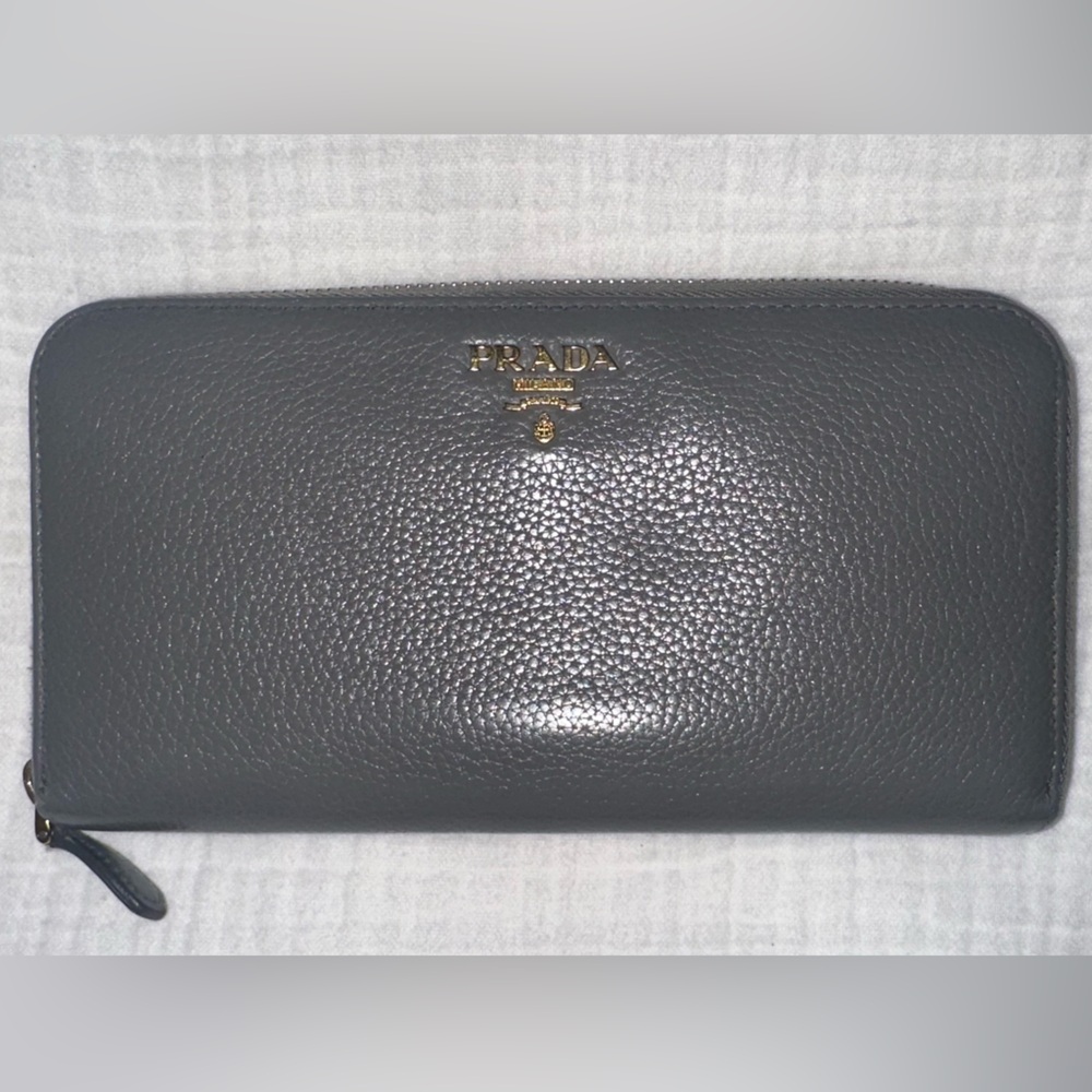 Prada Gray and Bright Blue Leather Zip Wallet